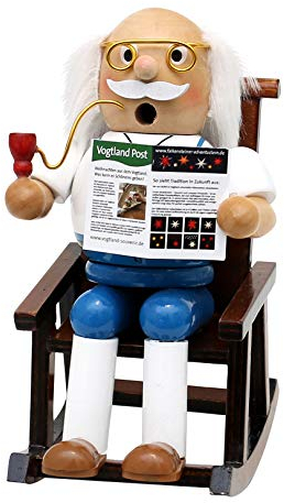 Dekohelden24 Holz Räucherfigur/Räuchermann Opa im Schaukelstuhl, L/B/H: 9,5 x 11 x 15 cm, inkl. 1 Packung Oma's Weihnachtsduft Räucherkerzen dazu.