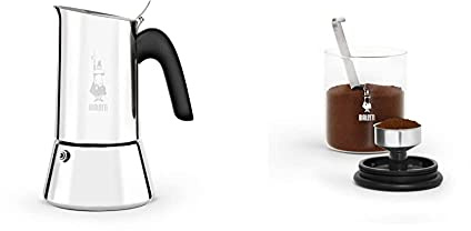 Bialetti New Venus Caffettiera in Acciaio Inox, Adatta all'Induzione, Argento, 6 Tazze + Bote Moka para café de 250 g (con tapa), cristal