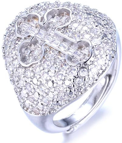 Halukakah Gold Diamantring Iced Out, Herren Platin Weißgold Überzogen Kreuzmuster Ring Größe Einstellbar mit Kostenloser Geschenkbox
