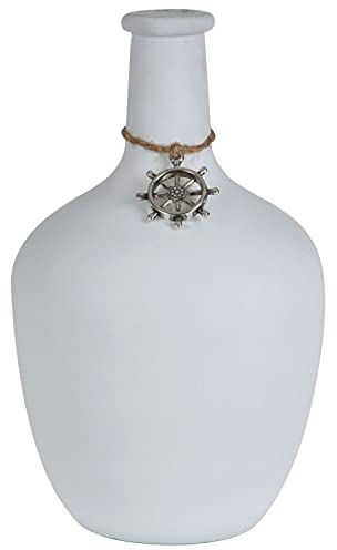 Vase Ballonvase Blau Weiß Glasvase Blumenvase Maritime Deko Muschel Seestern Steuerrad 26cm, Farbe:Weiß