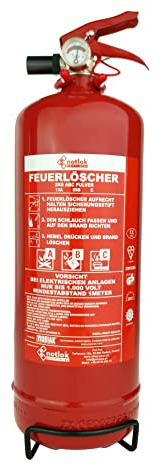 Extintor de polvo 2 kg, polvo extintor ABC, presión continua con manómetro, temperatura de funcionamiento -30 °C +60 °C, presión máxima admisible 17 bar, incluye soporte metálico, acabado de pintura R