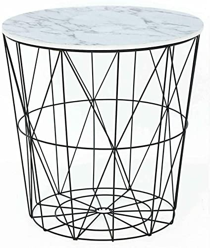 Optimal Products Retro Black Metal Wire White Marble Top Storage Side Table Basket Home Furniture UK (White Marble Top)