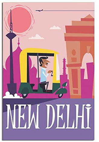 Delhi Indien Skyline Vintage Reiseposter Leinwandkunst Wand-Dekor Poster Bild Druck Gemälde Poster Geschenk 20 x 30 cm