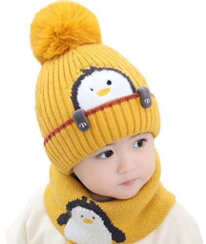 Rayson Bonnet Écharpe Set Enfant Hiver Bébé Tricoté 2 Pièces Garçon Fille Chaud Chapeau avec Pompon et Cercle Écharpe Crochet Cache-Cou Ensemble (Jaune)