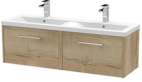 Hudson Reed JNU1822F Juno Modern Bathroom Wall Hung 2-Drawer Vanity with Ceramic Double Basin, 1200mm, Woodgrain Autumn Oak