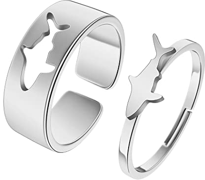 QIAMNI 2 Stück Edelstahl Haifisch Ringe für Frauen Männer einstellbar Freundschaft Matching Promise Ringe für Paare
