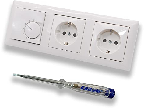 Halmburger UP Raumthermostat Raumtemperaturregler RTR-5510rg in Busch Jäger Balance SI alpinweiß Rahmen + 2X Steckdose 20EUC-914 Kinderschutz + EBROM Phasenprüfer zur Montage der Geräte RTR-5510 (rg)