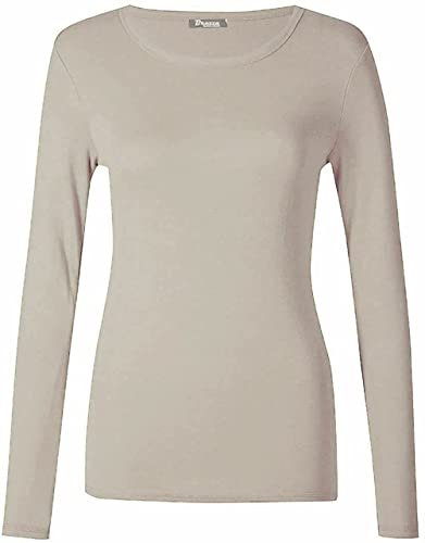 Top Linen (NW) Ltd Women's Long Sleeve Scoop Neck T-Shirt - Lightweight, Stretchy, Comfortable - Stone, S/M