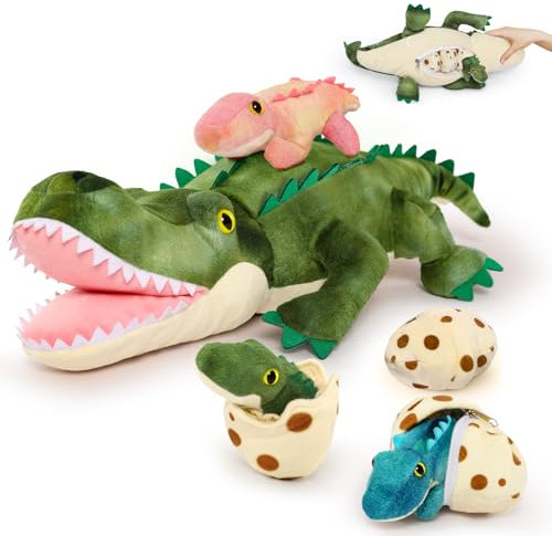 MorisMos 60cm lang Krokodil Kuscheltier XXL,Plüschkroko mit 3 kleinen Plüsch-Baby-Krokodilen im 3 Eier, Croco Plüsch-Alligator Plüschtiere Stofftiere Spieleset für Kinder Jungen Weihnachten Geschenk
