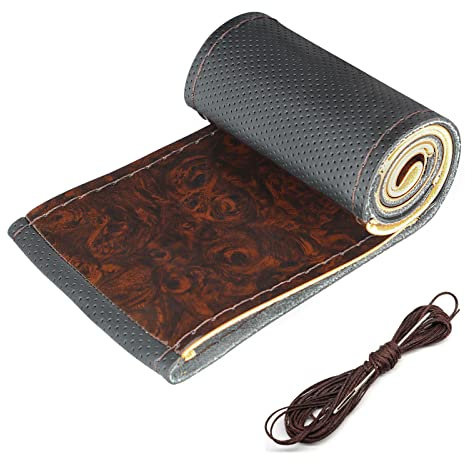 Für 38 cm DIY Car Interior Styling Universal Lenkrad Braid Cover Holzmaserung Leder Handnähen Mit Nadel Und Faden Aus Holz Lenkradschoner Lenkradbezug