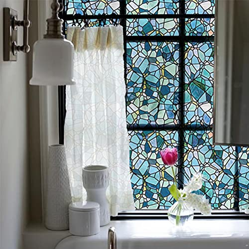 Neukids 90x300cm Fensterfolie Buntglas Doppelseitige Blaue Kieselsteine, Selbstklebende Fensterfolie Statisch Haftend Sichtschutzfolie, Fensterfolie Muster Schlafzimmer Wohnzimmer Küche Dekorfolie