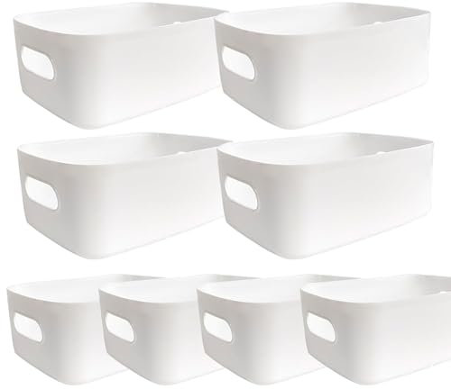 8 Pack Plastic Storage Bins and Baskets, Plastic Storage Baskets with Handles,Cupboard Storage Boxes Containers for Kitchen, Bathroom, Office, Under Sink Organizer, 4 Large and 4 Middle