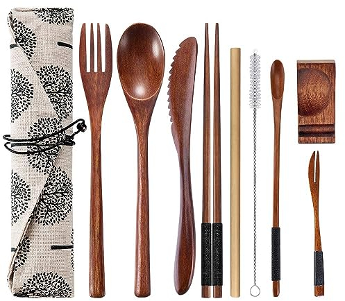 Ensemble de couverts de voyage en bois réutilisables pour le déjeuner avec étui, y compris fourchette à couteau, cuillère, baguettes, pailles et brosse de nettoyage