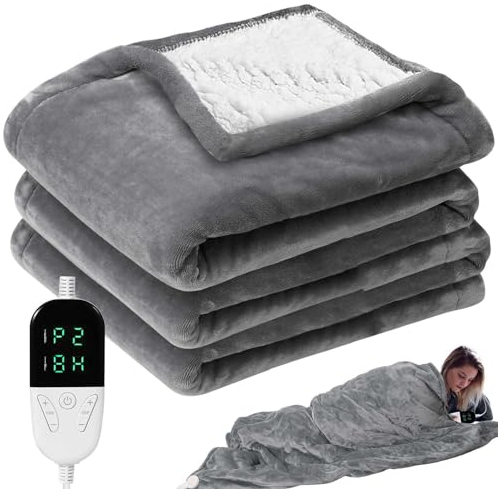 Fulluky Heizdecke mit Abschaltautomatik,Wärmedecke Heizdecke mit Wäschesack 6 Temperaturstufen,Timer bis zu 10 Stunden,Maschinenwaschbare Elektrische Heizdecke für Home & Office Hellgrau 130*150cm