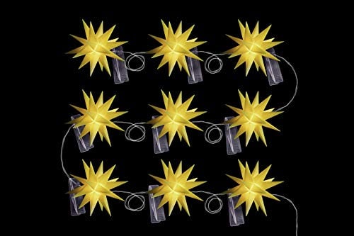Sterntaler Sternenkette | Weihnachtsstern Kette | 9 Sterne | 18 Zacker | Gelb | 8cm | Innen und Außen | LED | Netzstecker | mit Timer