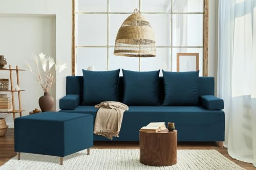 Mebligo Couch mit Puff FIREZE 3in1 Satz - Sofa mit Schlaffunktion - Schlafcouch mit Bettkästen, Stoff: Kronos (Kronos 04)
