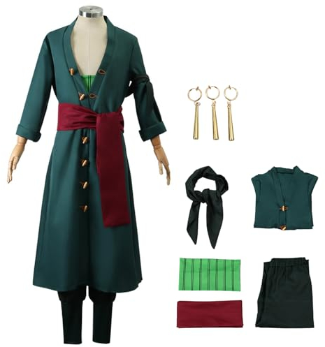 YEAJION Zoro Cosplay Kostüm Set mit Perücke Anime One Piece Verkleidung Roronoa Zoro Cosplay Halloween Karneval Weihnachten Party Kostüm für Erwachsene