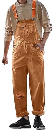 Salopette da Lavoro in Denim da Uomo con Bretelle Regolabili Tuta alla Moda con Tasche Pigiama (Brown, L)