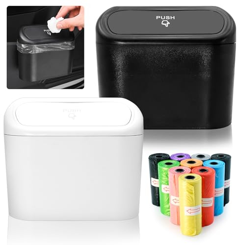 2 Pezzi Pattumiera Con 150 Sacchi Spazzatura, Mini Cestino Con Coperchio Portatile, Serve Come Pattumiera Posacenere e Portabicchieri per Auto, Casa e Ufficio (Nero e Bianco)