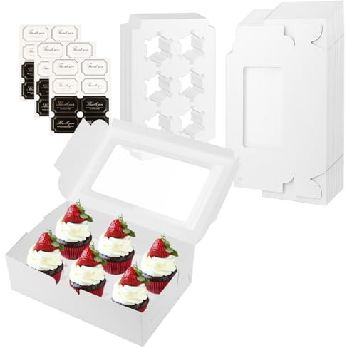 CHUENKUK Pack of 20 Cupcake Boxes, Muffin Box, White Paper Cupcake Box with Large Viewing Window, Cupcake Transport Box with 3 Sheets of Stickers for Cookies, Cupcakes, Desserts, 23.5 x 15.8 x 7.5 cm,