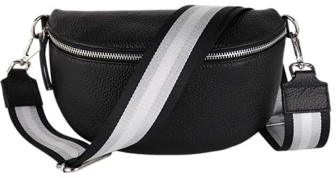 MIRROSI® Bauchtasche Damen, Echtleder, Made in Italy, Umhängetasche, Brusttasche, Crossbody Bag (1 Tasche & 2 Gurte) (Schwarz (Glitzer Schwarz), Große Tasche (28x18x9cm))