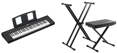 Yamaha NP-15 Piaggero Digital Keyboard & TIGER KAP-PK2 Keyboardständer & Hocker im Pack - Höhenverstellbarer doppelstrebiger X-Frame Keyboardständer & Klavierhocker in einer Packung