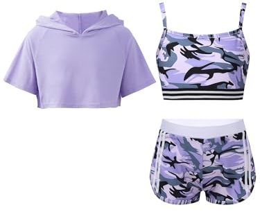 Fldy Mädchen Trainingsanzug Sport Set Kurzarm Hoodie Crop Tank Top Shorts Mädchen Sommer Kleidung Set Kinder Tanz Workout Laufen Outfit Violett 146-152