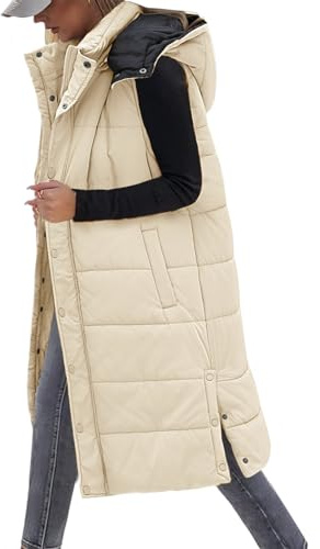 Tuopuda Chaleco Largo para Mujer de Capucha con Cremallera Chaleco Acolchado de Plumas Chaqueta de Invierno sin Mangas Abrigo de Cálidos on Bolsillos