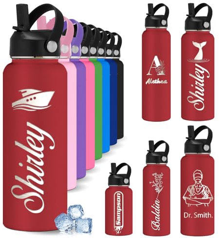 Custom Personalised Water Bottles for Kids with Straw 12 18 24 32 40 oz Customised Engraved Insulated Stainless Steel Water Bottles with Name, Red Icon Style