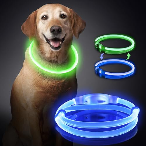 Leuchtendes Hundehalsband, über USB wiederaufladbares LED-Licht, wasserdichtes TPU-Material, einstellbare Größe, zweifarbiger Dual-Modus, geeignet für kleine, mittlere und große Hunde (blau und grün)