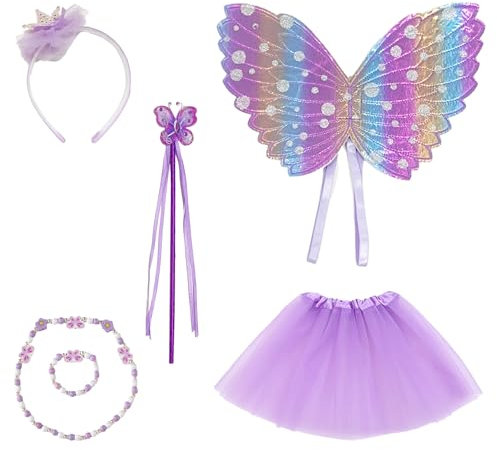 WanderGo Fee Kostüm Mädchen, 6 Stück Feen Kostüm Kinder, Kostüm Fee Girl, Schmetterlingsflügel Kinder, Zauberstab Fee, Tutu Zauberstab, Haarreifen, Halskette, Armband für Mädchen 3-6 Jahren