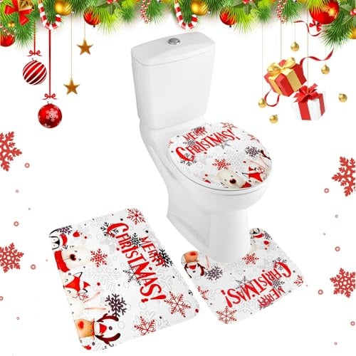 Minicoco Weihnachts-Badematten-Set, 3-teilig, Motiv: Merry Christmas, rutschfest, Weihnachtsdekoration, Badezimmerteppich-Set für WC, Outdoor, Badezimmer