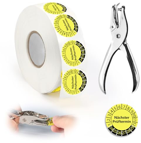 1000 Stück Prüfplaketten 30MM 1 Plakette Lochzange Rundloch 3MM Satz Nächster Prüftermin Gelb Prüfplakette Leitern und Tritte Locher Einzelloch Mehrjahresprüfplaketten Wartungsetiketten für Prüfung
