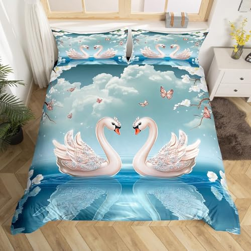 Homewish Diamond Swan Bettbezug-Set für Doppelbett, weiße Blumen, Bettdeckenbezug, Schmetterling-Bettwäsche-Set, Liebesgeschenk, romantische Raumdekoration