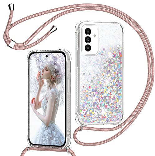 TUUTPU Handyband für Samsung Galaxy A56 5G Hülle mit Band, Glitzer Treibsand Handyhülle mit Kordel zum Umhängen Transparent Stoßfest Schutzhülle mit Kette Schnur, Quicksand Necklace Case in Roségold