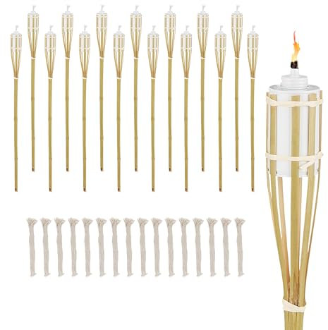 Relaxdays Gartenfackel, 16er Set, Bambus, H: 90 cm, Ölfackeln für draußen, mit Ersatzdochten, Gartenparty Deko, Natur