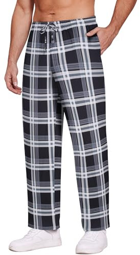 Ekouaer Pantalon Pyjama Homme Long Bas de Pyjama Pyjama à Carreaux PantalonJogging Chaud Homme Pantalon D'intérieur, noir + rouge, L
