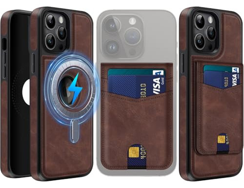 MOBESV 2-in-1 Custodia in Pelle per iPhone 14 PRO con Portafoglio Supporto, Cover Magnetica Compatibile con MagSafe, Custodia con Porta Carte Elegante, Marrone Scuro