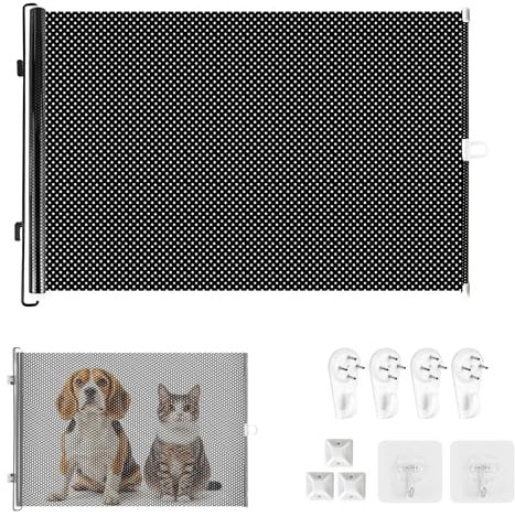 Barrera Seguridad Perros, PVC Puerta Seguridad Perros Extensible, 0-125 cm Barrera para Perros y Niños, Retráctil Vallas para Escaleras, Pasillos, Puerta, Interiores y Exteriores