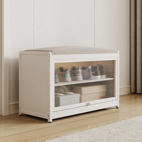 BAKAJI Zapatero con Asiento y 2 Compartimentos Interiores, Ahorra Espacio, Mueble con Puerta Transparente y Base Antideslizante para Entrada, Dormitorio, Entrada, 70 x 32 x 45 cm (Blanco)