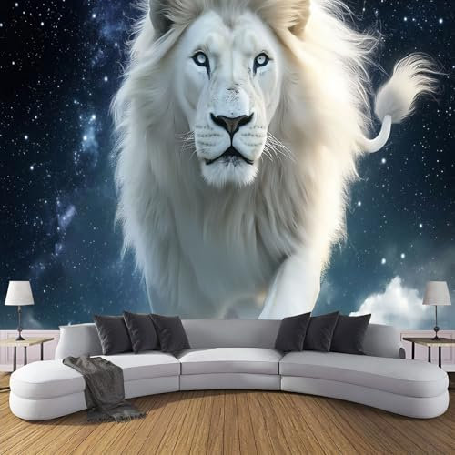 JEDTAKCT Papier Peint Panoramique Lion Blanc Fantastique Ciel Étoilé Brillant 260X175Cm Soie Fresque Murale - Décoration Murale Moderne – Pour Salon Chambre D'Enfants Restaurant Murales