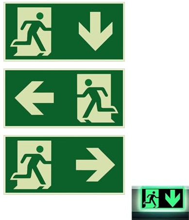 3 Pezzi Cartello Uscita di Emergenza, Pellicola Riflettente in Polietilene, 300 x 150mm Design Autoadesivo, “Sinistra”, “Destra” e “Sotto” Utilizzato per Tunnel, Hotel, Scuole