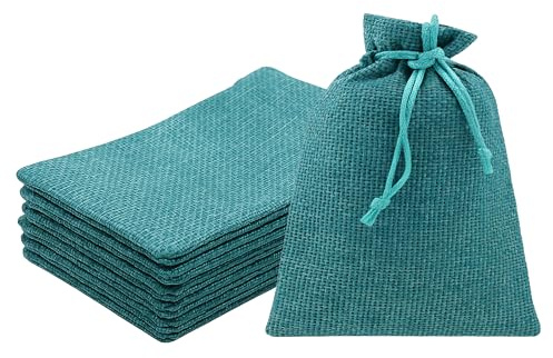 Mandala Crafts 2x3 Inch Teal Burlap Drawstring Gift Bags for Favors - 50 Mini Linen Sacks Gift Pouches for Candy, Jewelry, Wedding, and Party Supplies