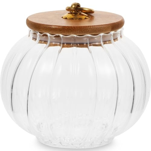 ULTECHNOVO Pumpkin Shaped Glass Storage Jar 27 oz – Airtight Bamboo Lid Clear – for Spices Beans Tea Candy Pantry Storage for Halloween Decor & Kitchen Use