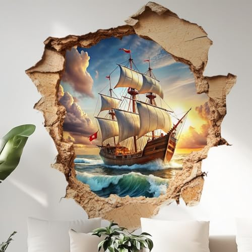 COVPAW Wandtattoo 3d Segelboot Schiff 65x58cm selbstklebendes Wandbild Wandaufkleber Kinderzimmer Wohnzimmer Schlafzimmer Küche usw. Meerblick durch Steinmauer (Segelboot B)