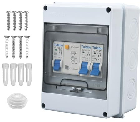 Tulabu 2 Way Consumer Unit Circuit Breaker, IP65 Weatherproof for Garages | Anti-Leakage Fuse Box, 1P+N40A+1P6A+1P16A, Impact resistance and flame retardancy, for Caravans, Outbuildings