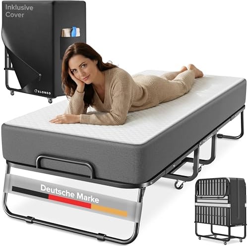 ELONEO Klappbett 90x200 cm inkl. Premium Matratze | Gästebett klappbar, belastbar bis 250kg | faltbares Reisebett mit Metallrahmen und Transportrollen | Schrankbett inkl. Schutzhülle