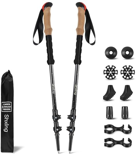 Shxing Carbon-Wanderstöcke Teleskop 2er Set, 200 g pro Stock, Schwarz | 62–135 cm verstellbar, Korkgriff mit EVA-Verlängerung, Aluminium-Klemmverschluss, Tasche & 10 Zubehörteile