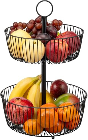 eluno 2-stöckige runde Obstetagere/Brotkorb, dekorative Etagere, moderne Obstschale, Obstkorb aus schwarzem Metall, Platz für Lagerung von Obst, Gemüse, Brot und Snacks in Küche und Wohnzimmer