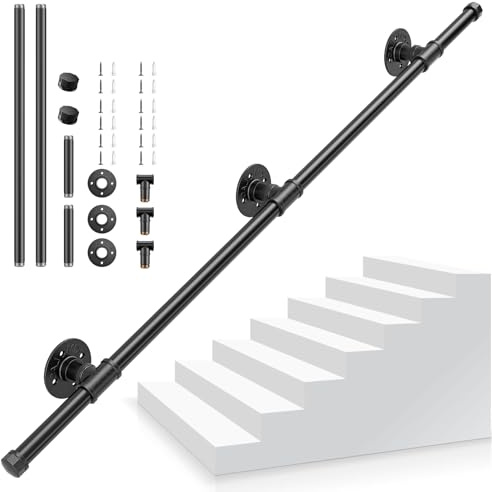 Corrimano Scale, 1,2M Passamano Scale Nero, corrimano per scale interno con Tubo in Acciaio Zincato Industriale Antiscivolo Antiruggine, Ringhiera per Scale Interne per Cucina Bagno Giardino